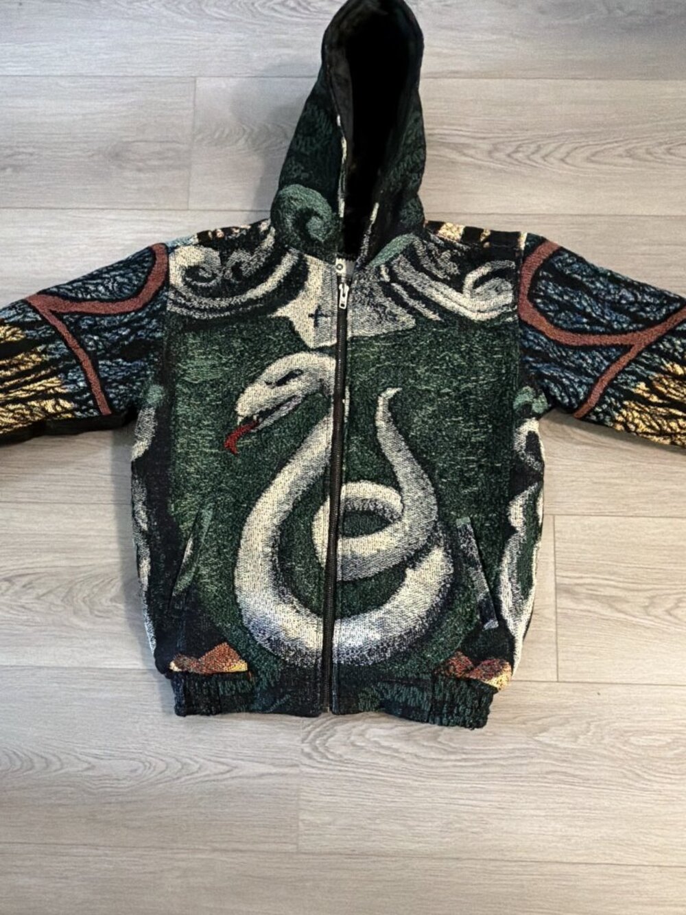 Reworked Tapestry Snake & Owl Art Blanket Zip Hoodie Jacket Mens XL